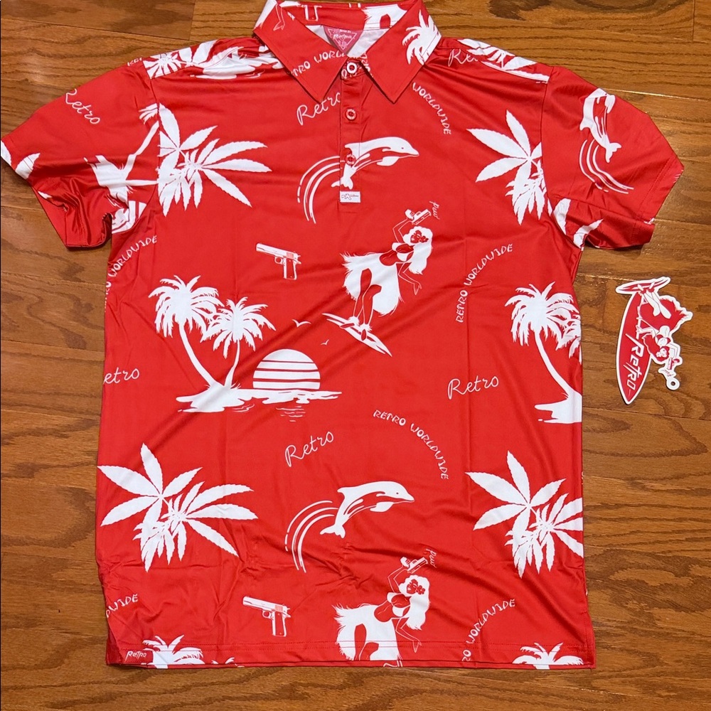 Red Tropical Print Polo Shirt - Retro Style
